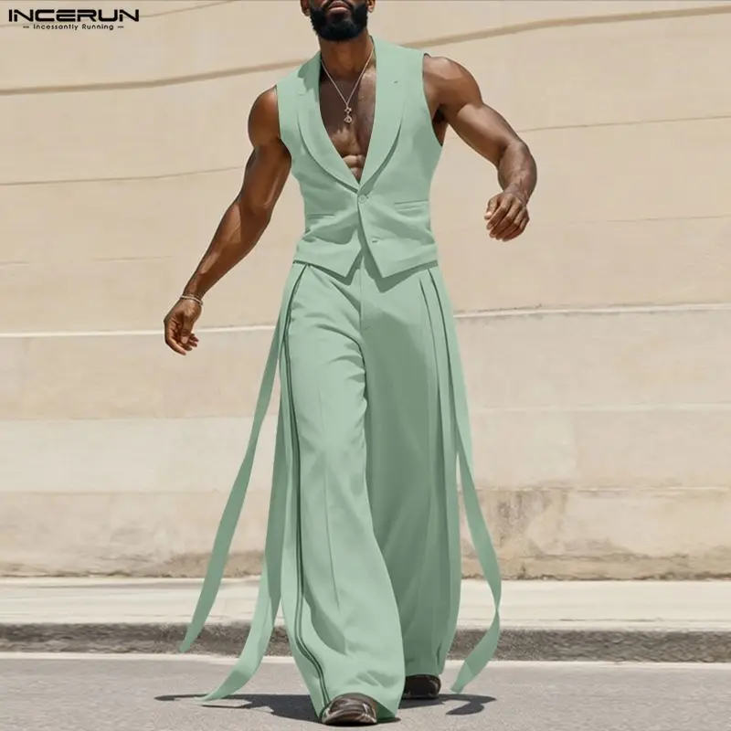 Mens Fashion Summer - INCERUN Set Pria Warna Solid Kerah