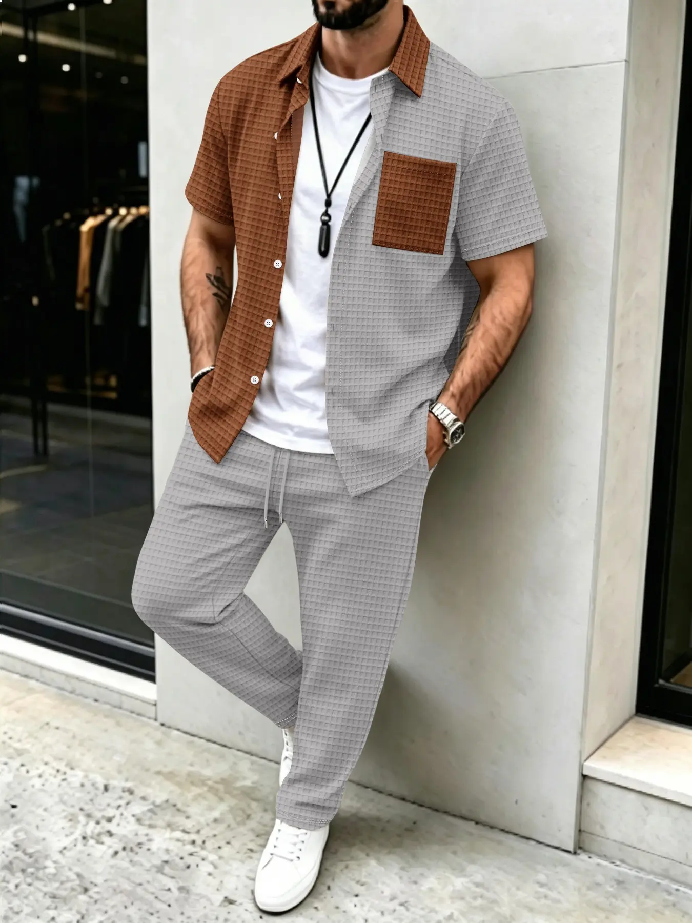 Mens Fashion Clothes - Setelan Kemeja Kasual Pria Polos Motif