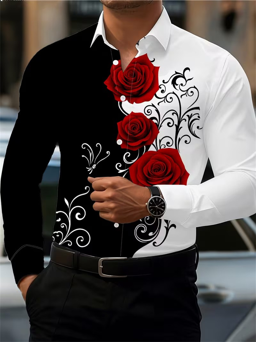 Mens Fashion Clothes - Kemeja Pria Lengan Panjang Motif Mawar