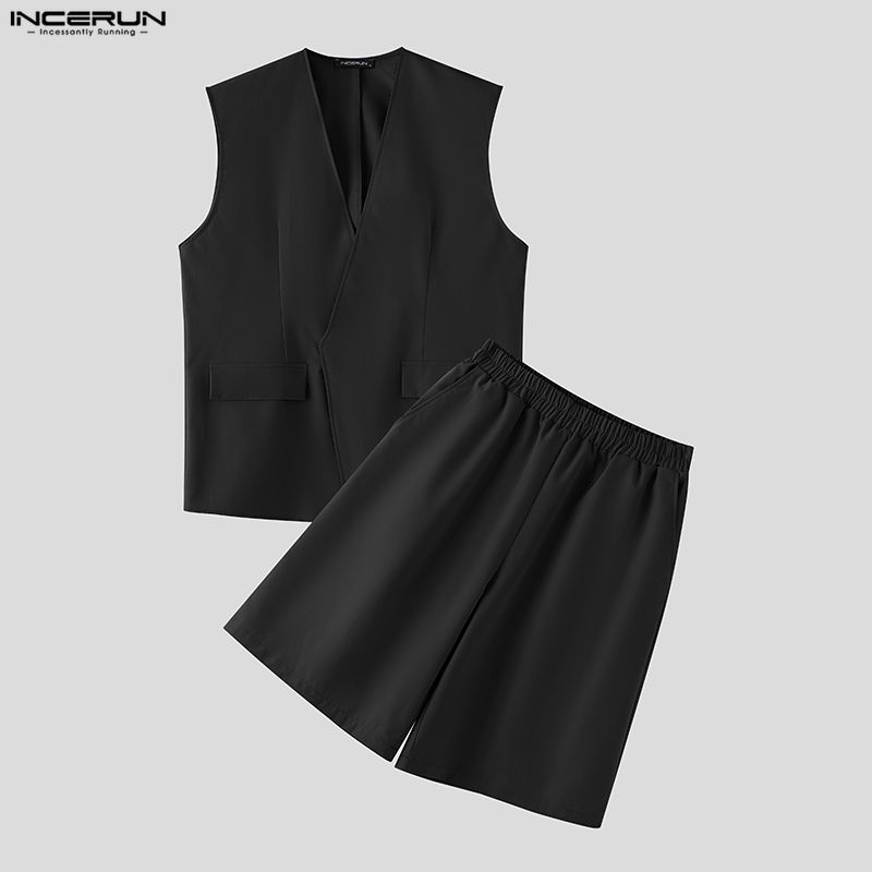 Mens Fashion Summer - INCERUN Set Pria Warna Solid V