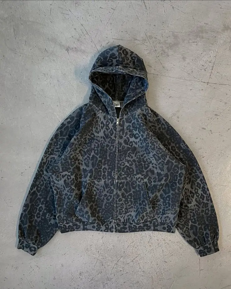 Hoodie Retro Y2K Motif Leopard - Mens Fashion Zip Up Hoodies ulasan dan harga